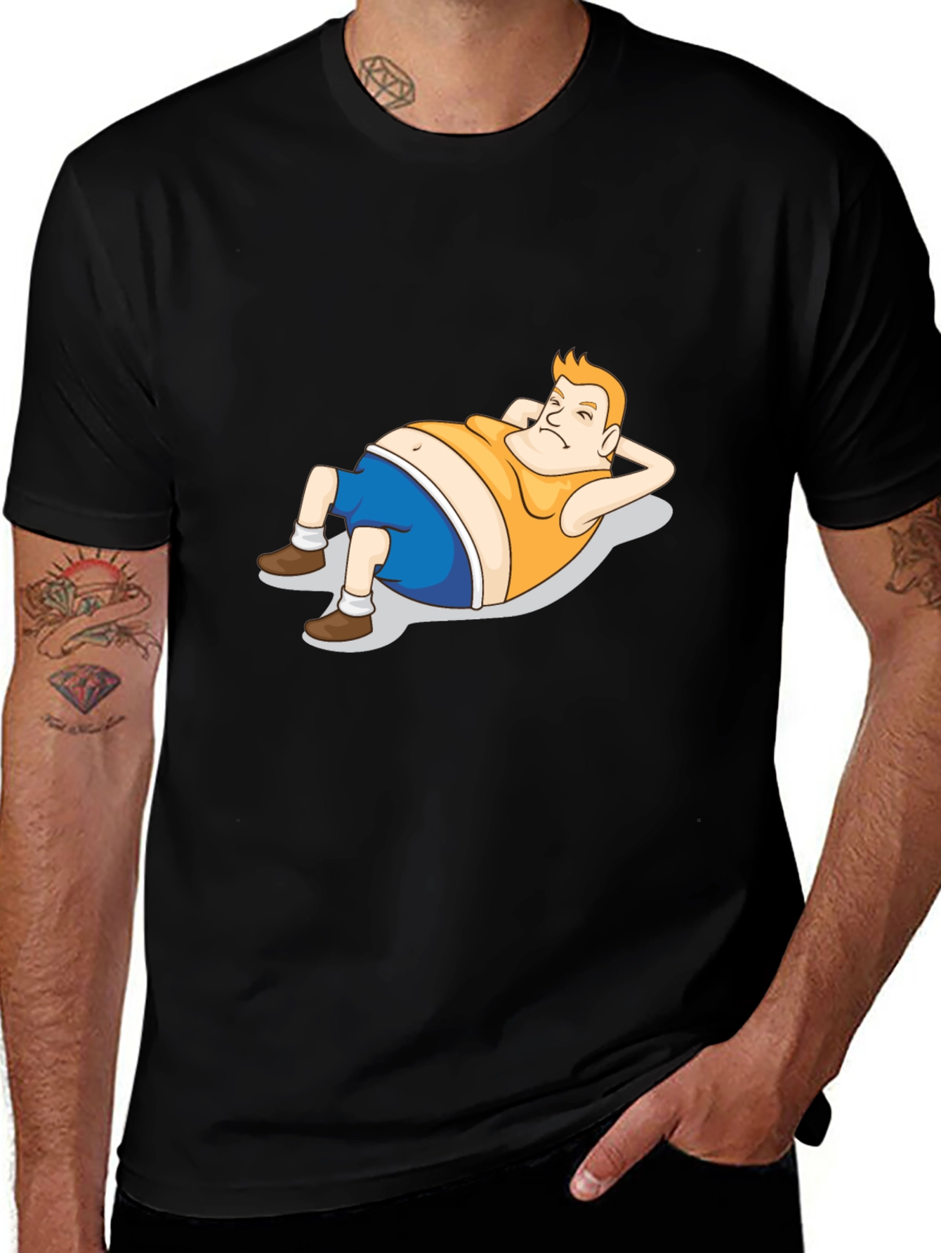Cartoon Lazy Guy Black T-Shirt
