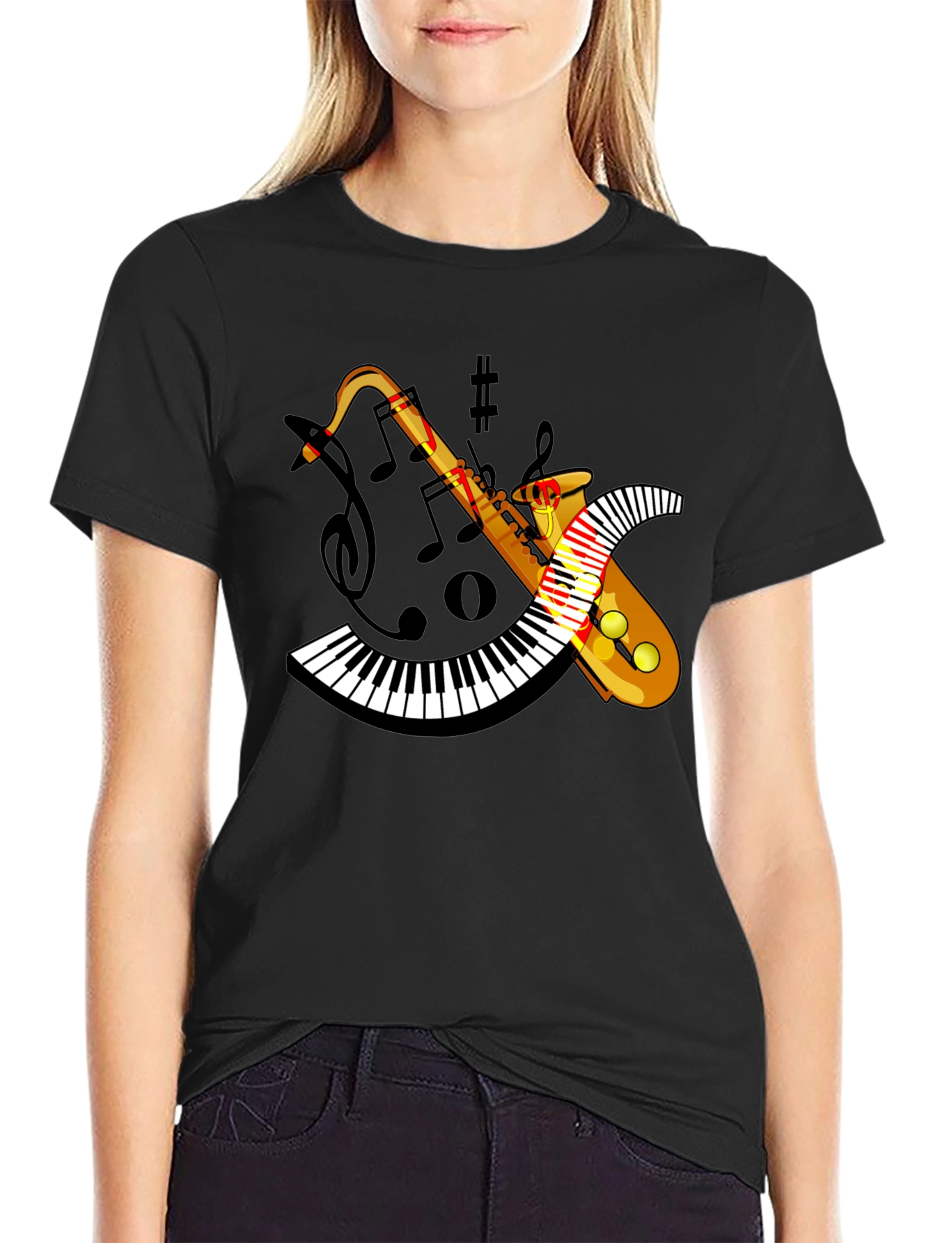Saxophone Keyboard Graphic Black Tee