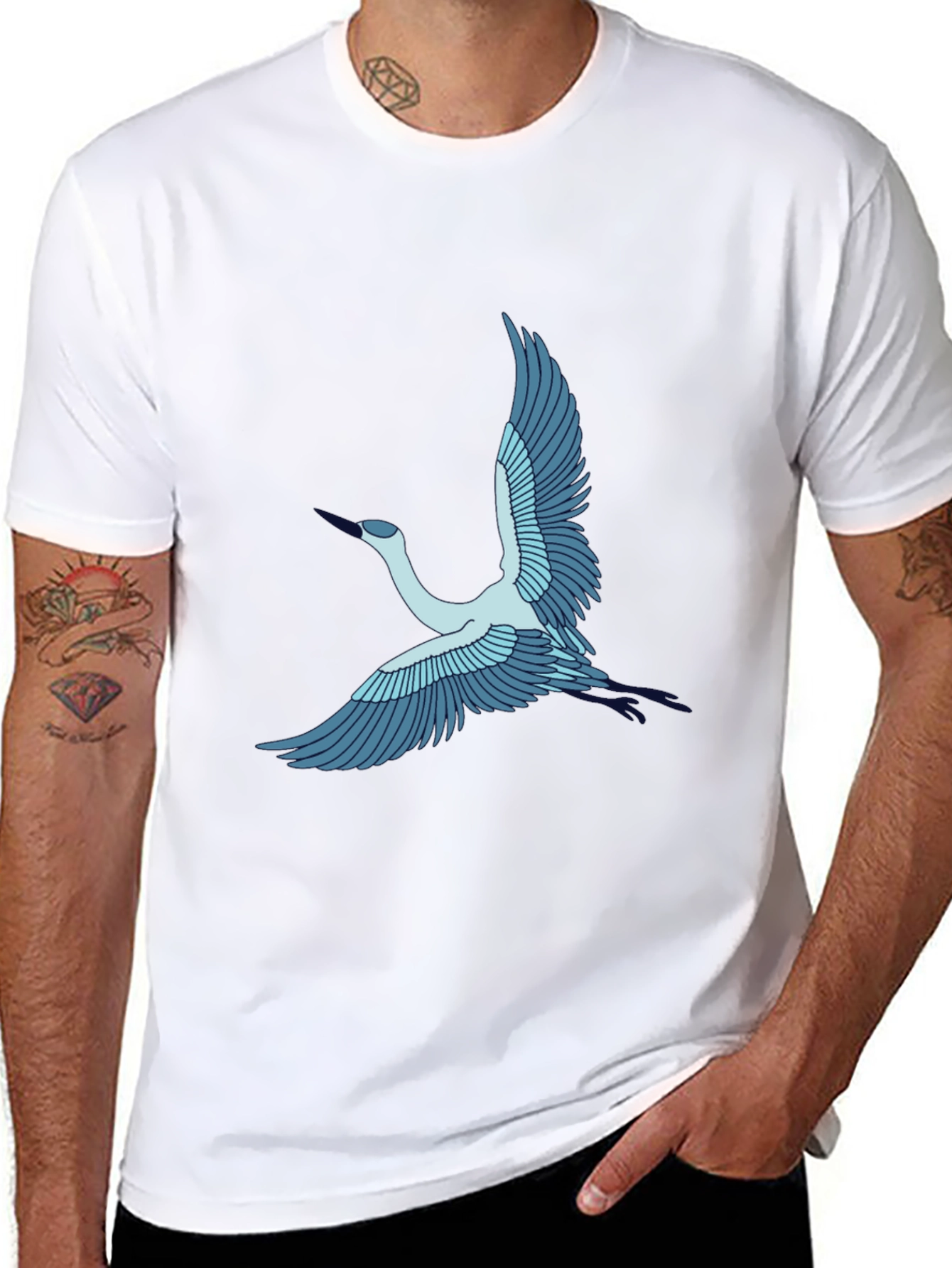 Crane Bird Graphic Tee - Black Cotton T-Shirt