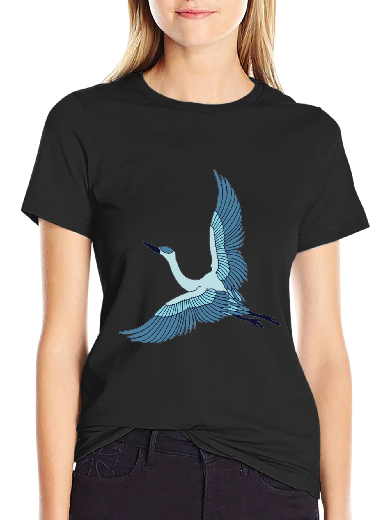 Crane Bird Graphic Tee - Black Cotton T-Shirt