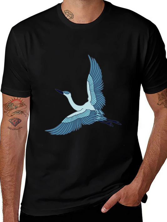 Crane Bird Graphic Tee - Black Cotton T-Shirt