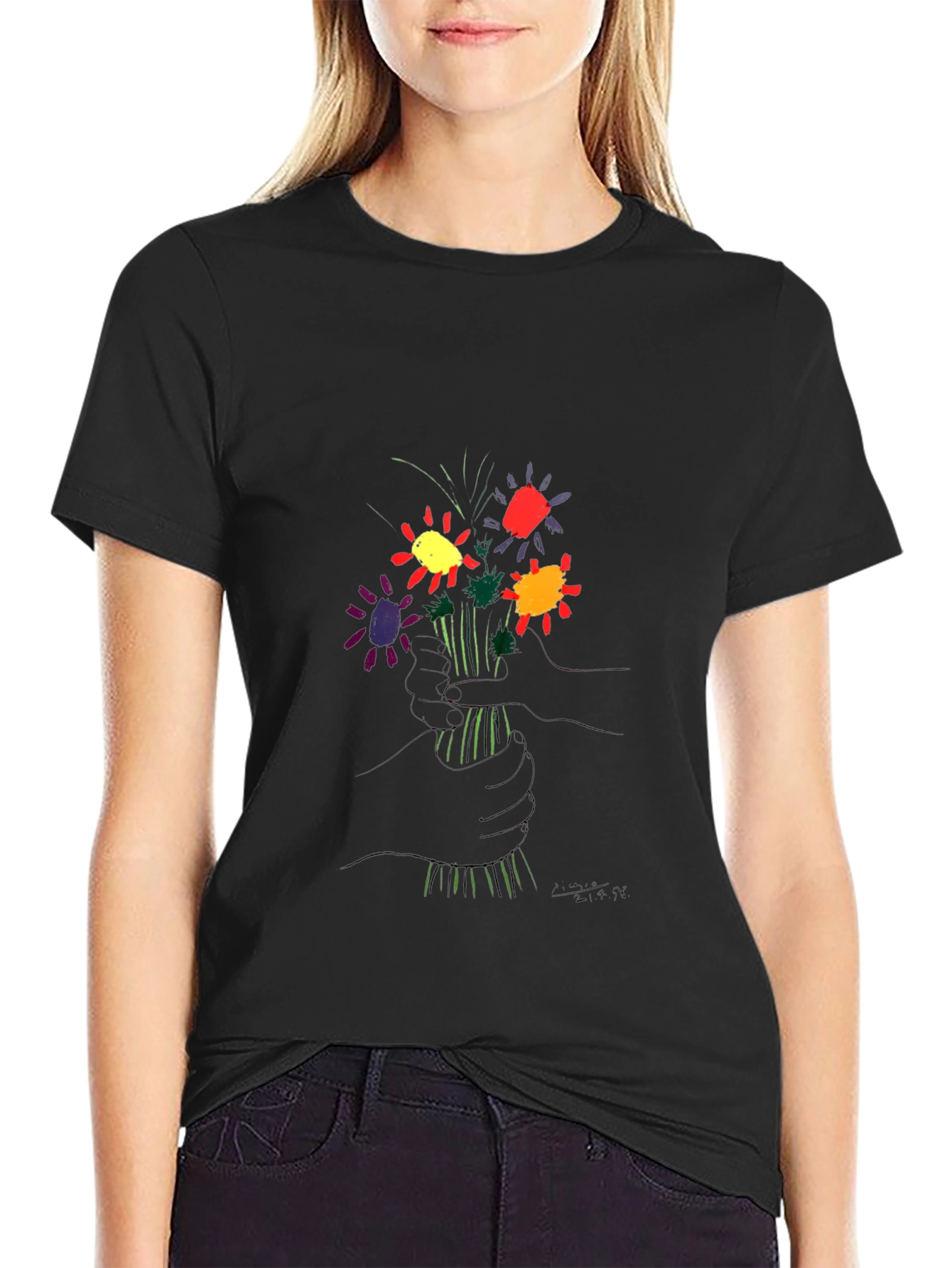Floral Graphic Tee - Black Cotton Casual Wear