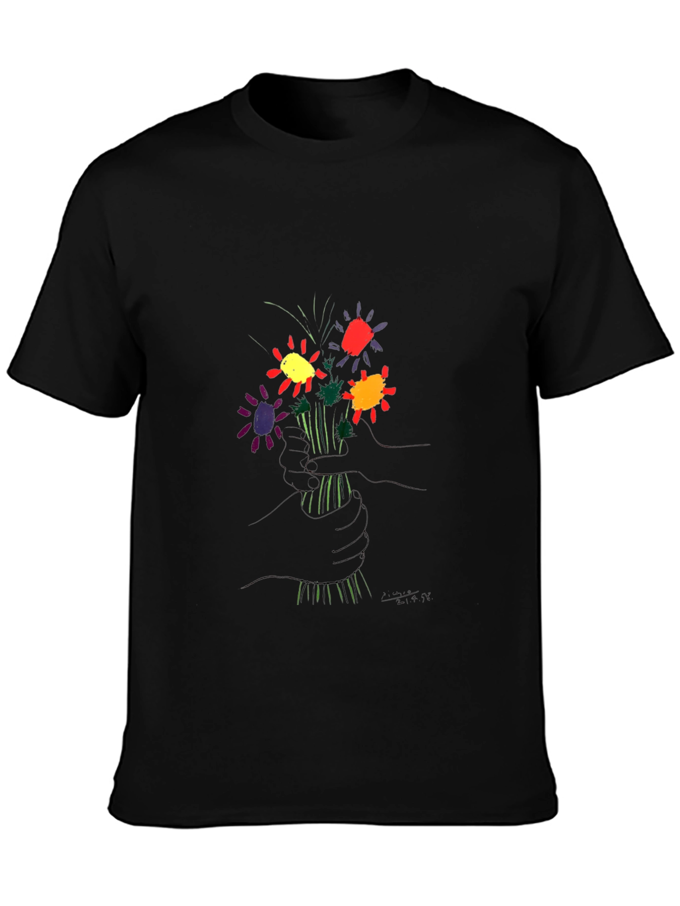 Floral Graphic Tee - Black Cotton Casual Wear