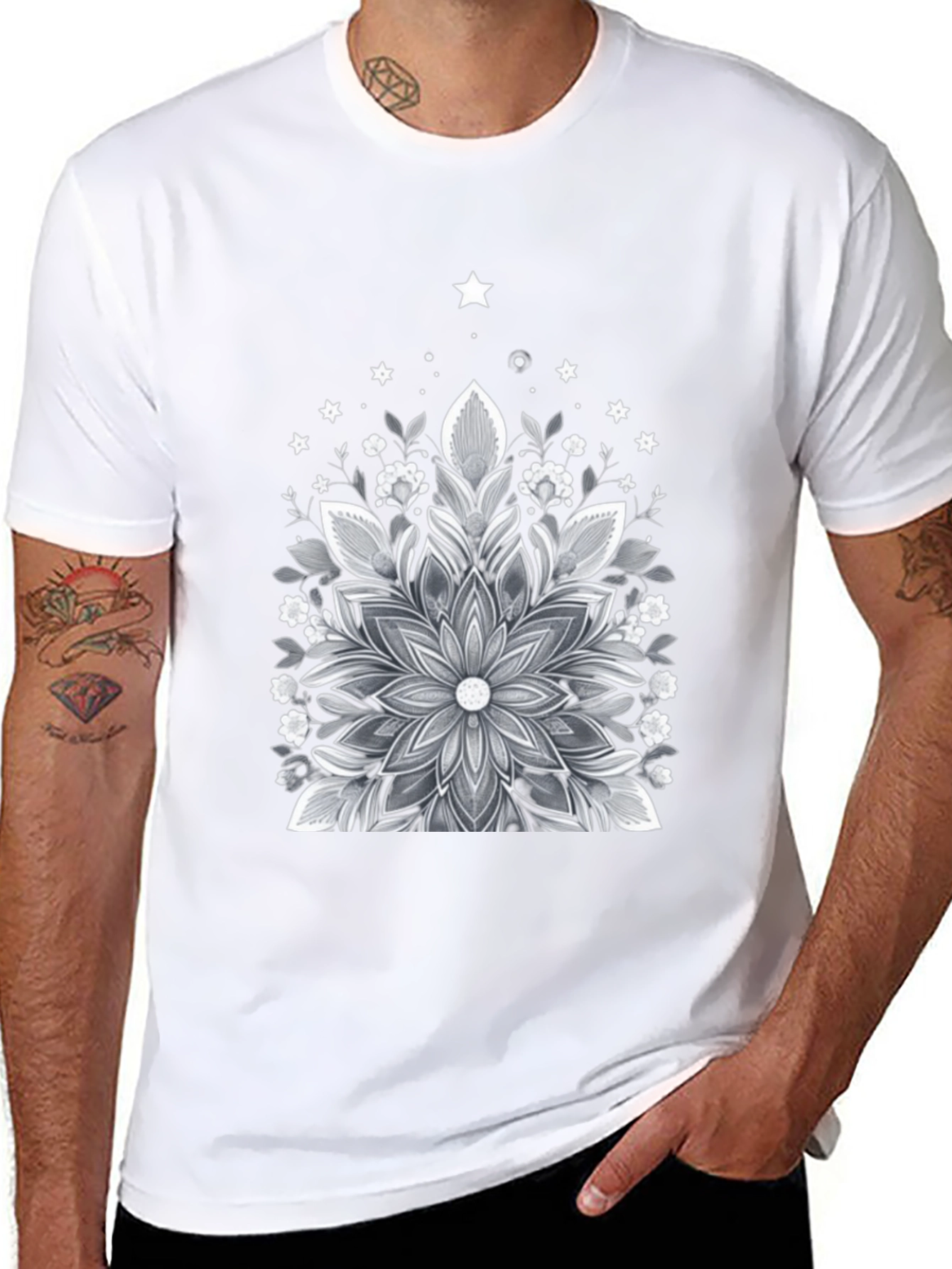 Floral Mandala Graphic Tee - Black Cotton Blend