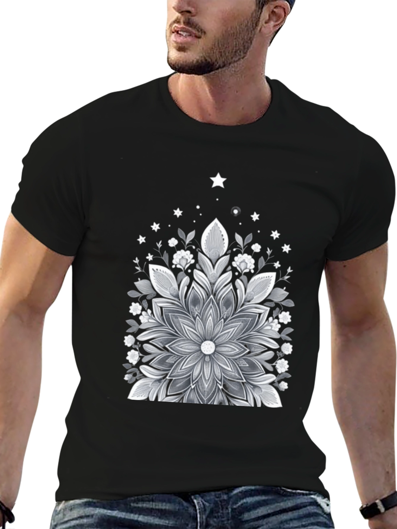 Floral Mandala Graphic Tee - Black Cotton Blend