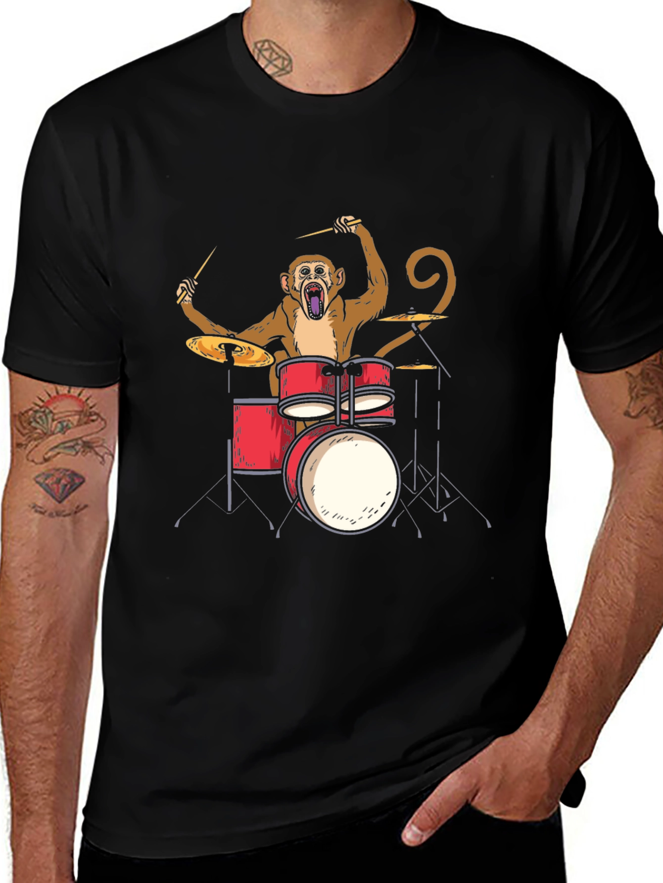 Monkey Drummer Graphic Tee - Black Cotton T-Shirt