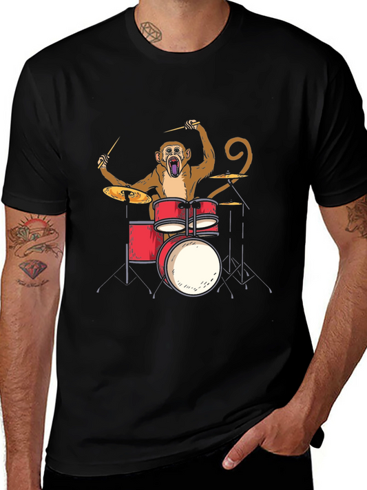 Monkey Drummer Graphic Tee - Black Cotton T-Shirt
