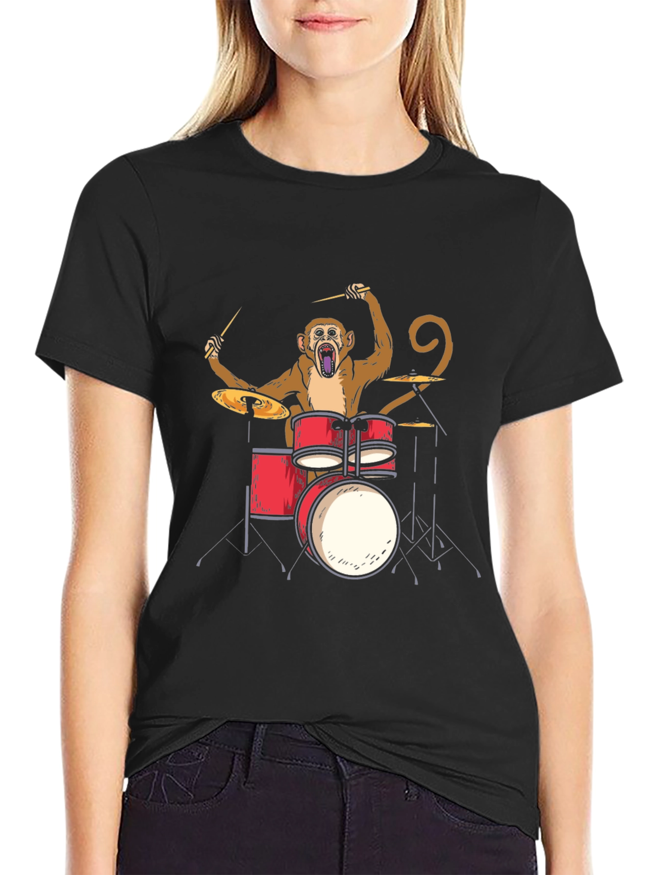 Monkey Drummer Graphic Tee - Black Cotton T-Shirt
