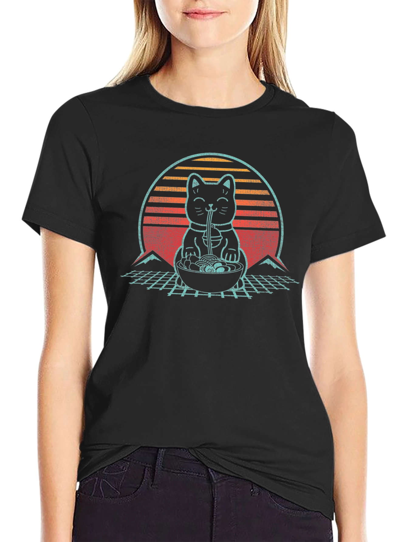 Ramen Cat T-Shirt - Retro Japanese Style