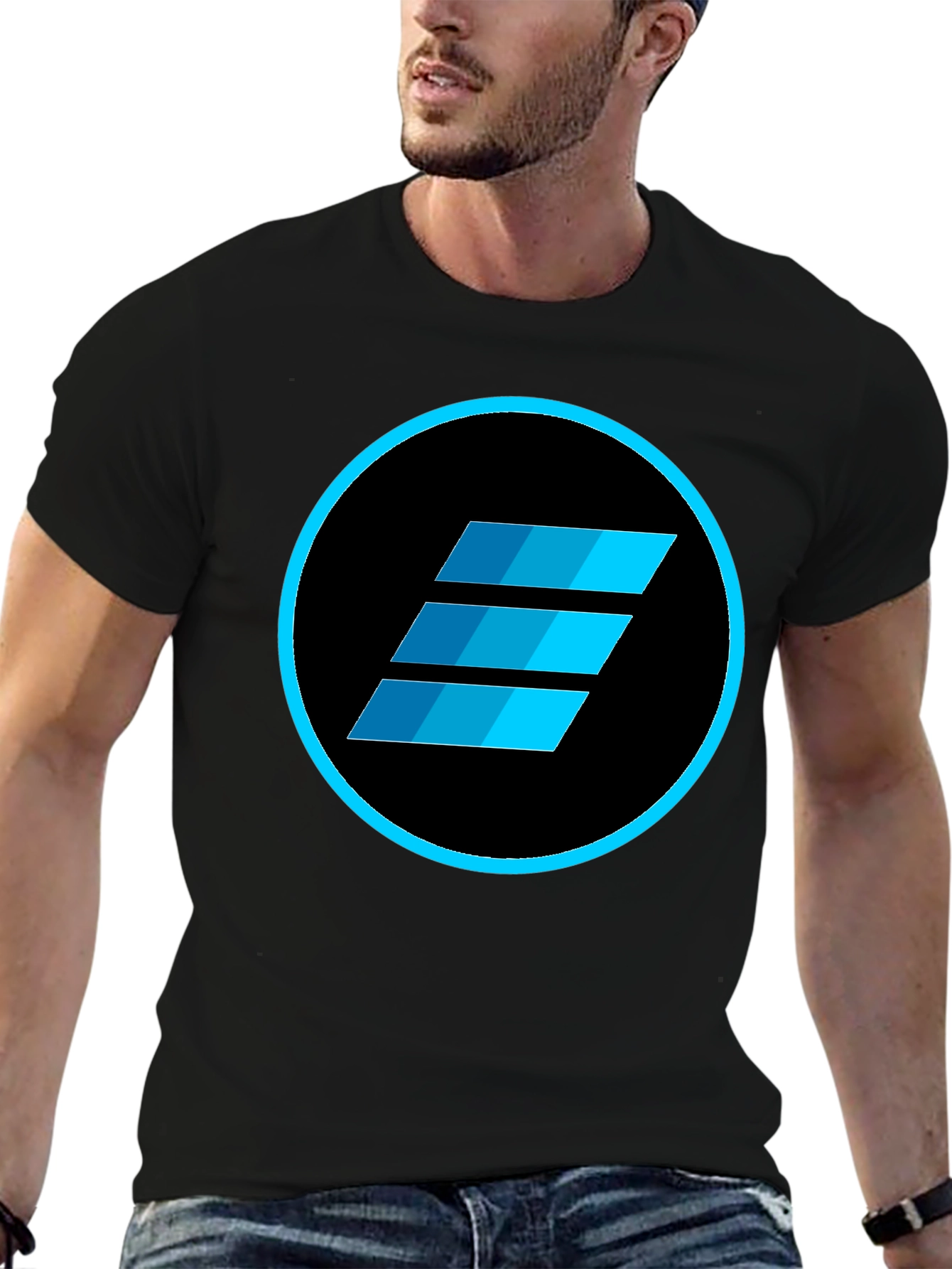 Mens Black T-Shirt with Blue Abstract Circle Logo