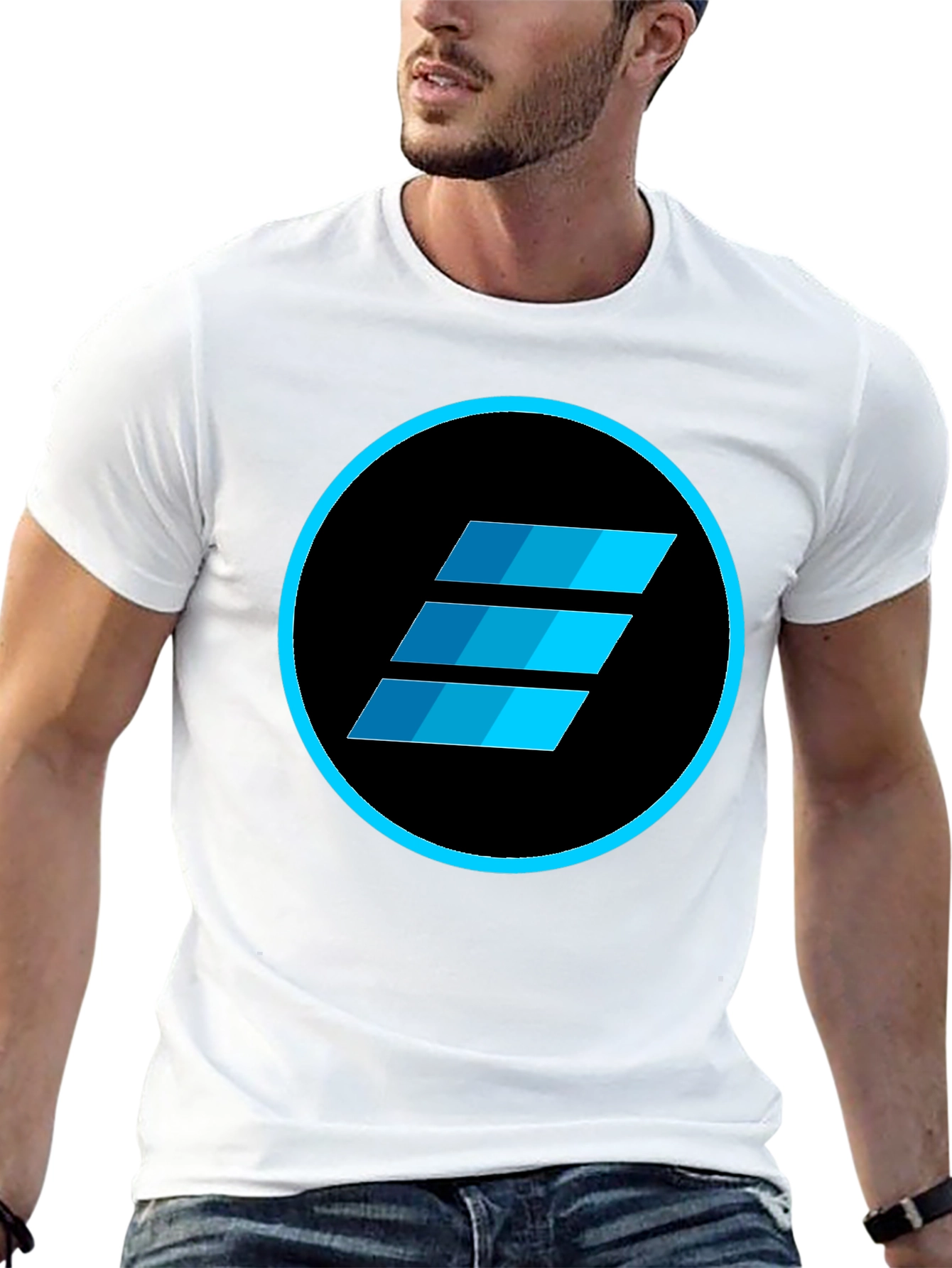 Mens Black T-Shirt with Blue Abstract Circle Logo