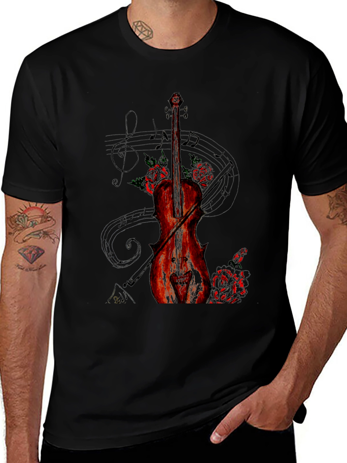 Violin & Roses Graphic Print Black T-Shirt