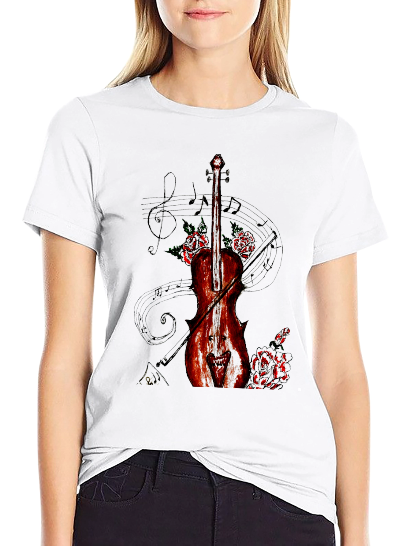 Violin & Roses Graphic Print Black T-Shirt