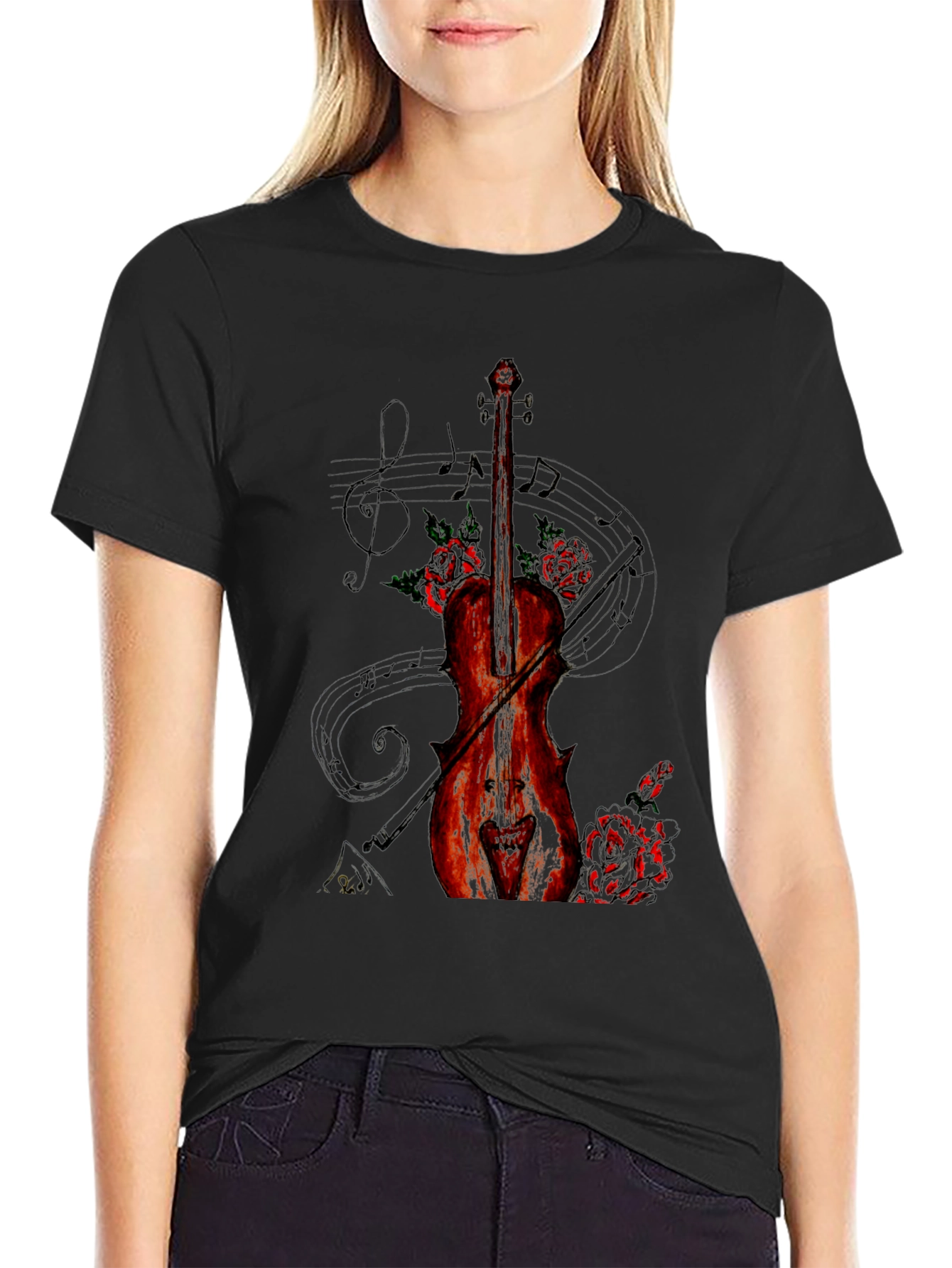Violin & Roses Graphic Print Black T-Shirt