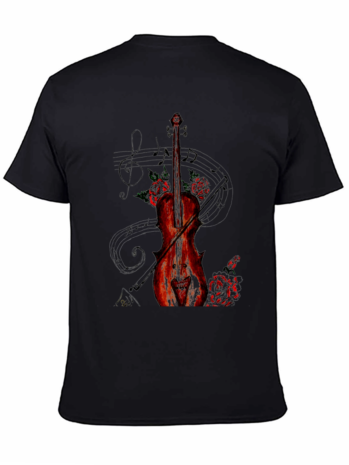 Violin & Roses Graphic Print Black T-Shirt