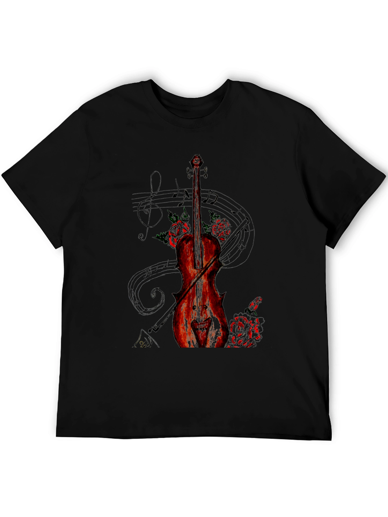 Violin & Roses Graphic Print Black T-Shirt