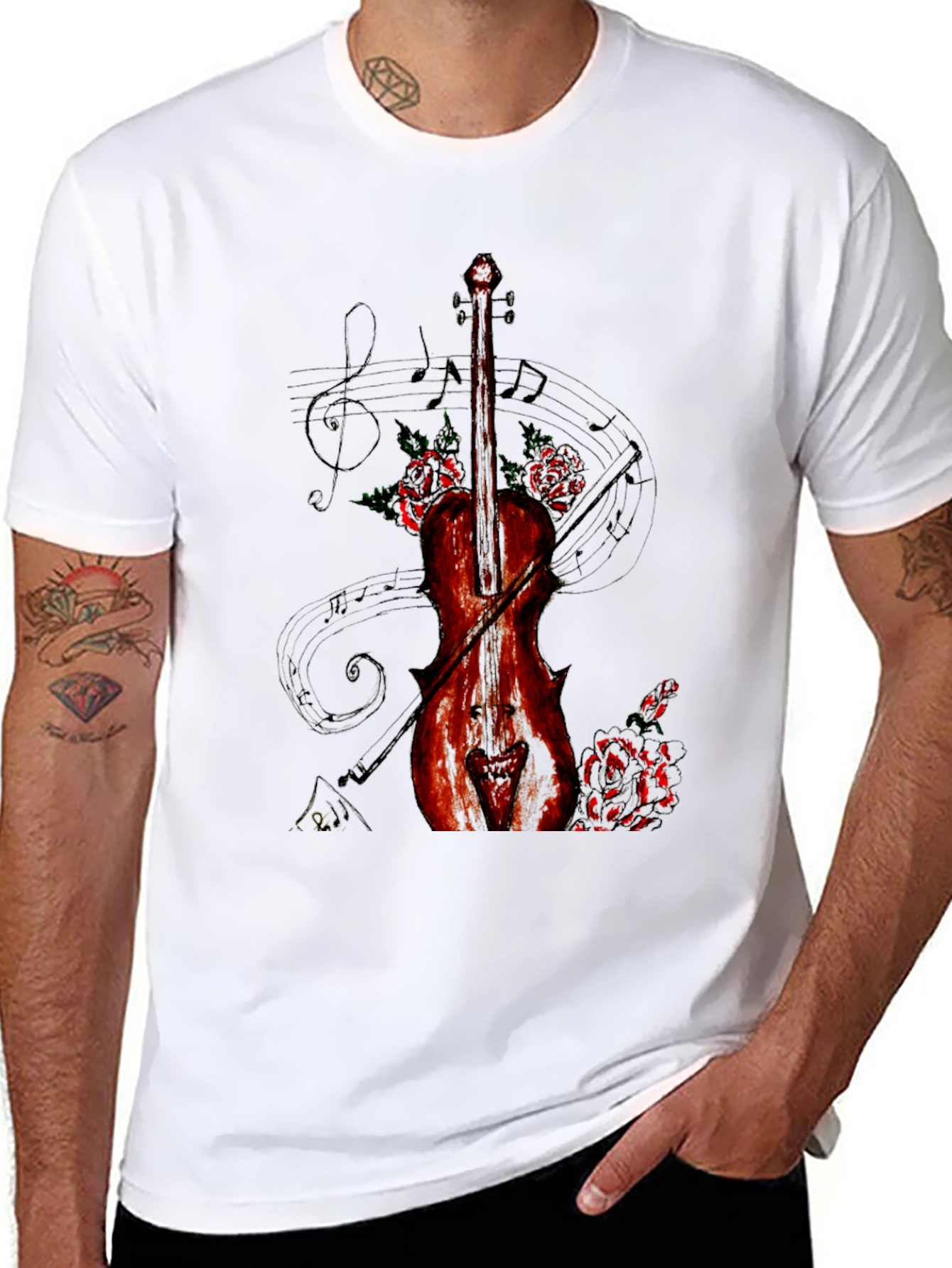 Violin & Roses Graphic Print Black T-Shirt