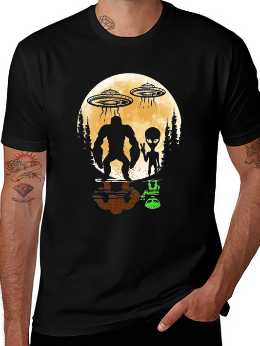 Bigfoot & Alien UFO Graphic Tee - Black