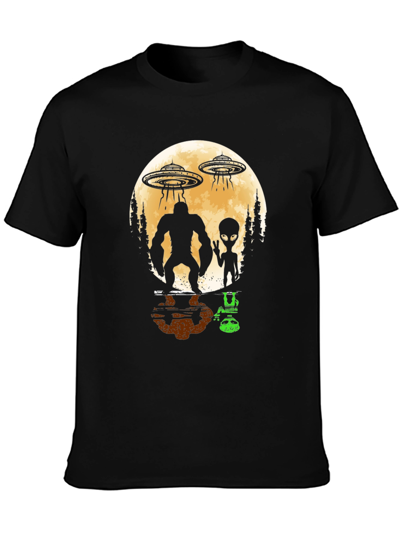 Bigfoot & Alien UFO Graphic Tee - Black
