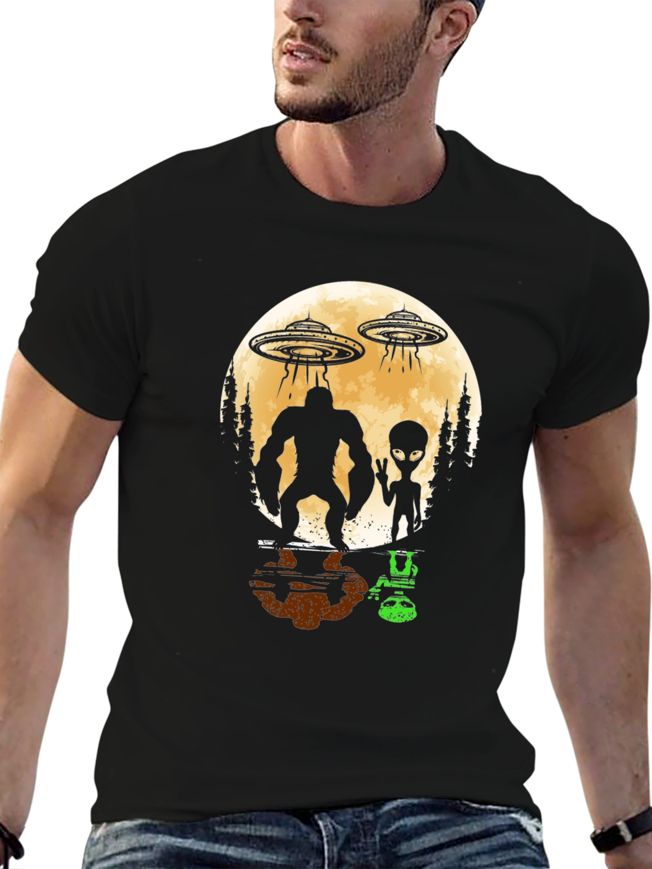 Bigfoot & Alien UFO Graphic Tee - Black