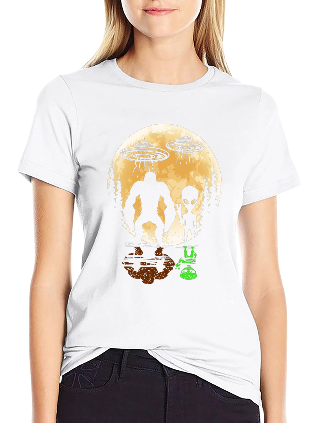 Bigfoot & Alien UFO Graphic Tee - Black