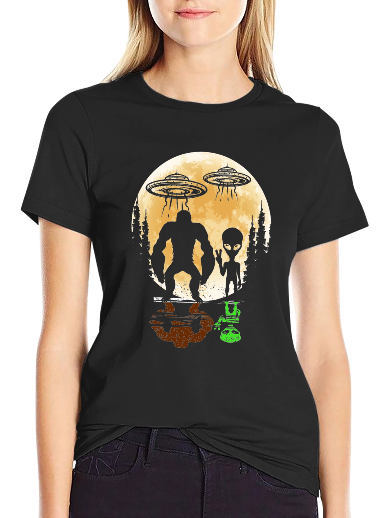 Bigfoot & Alien UFO Graphic Tee - Black