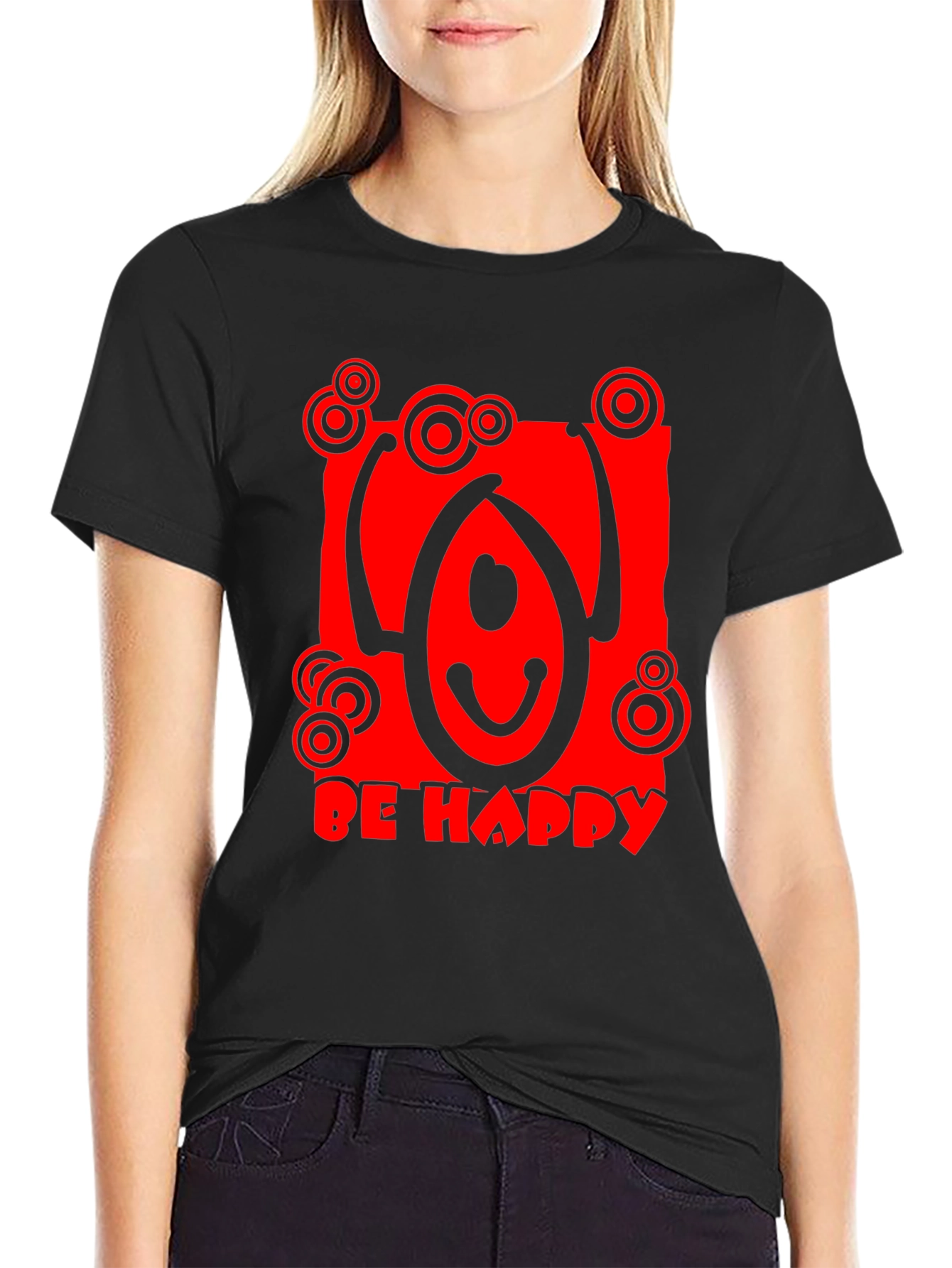Be Happy Graphic Tee - Black Crew Neck