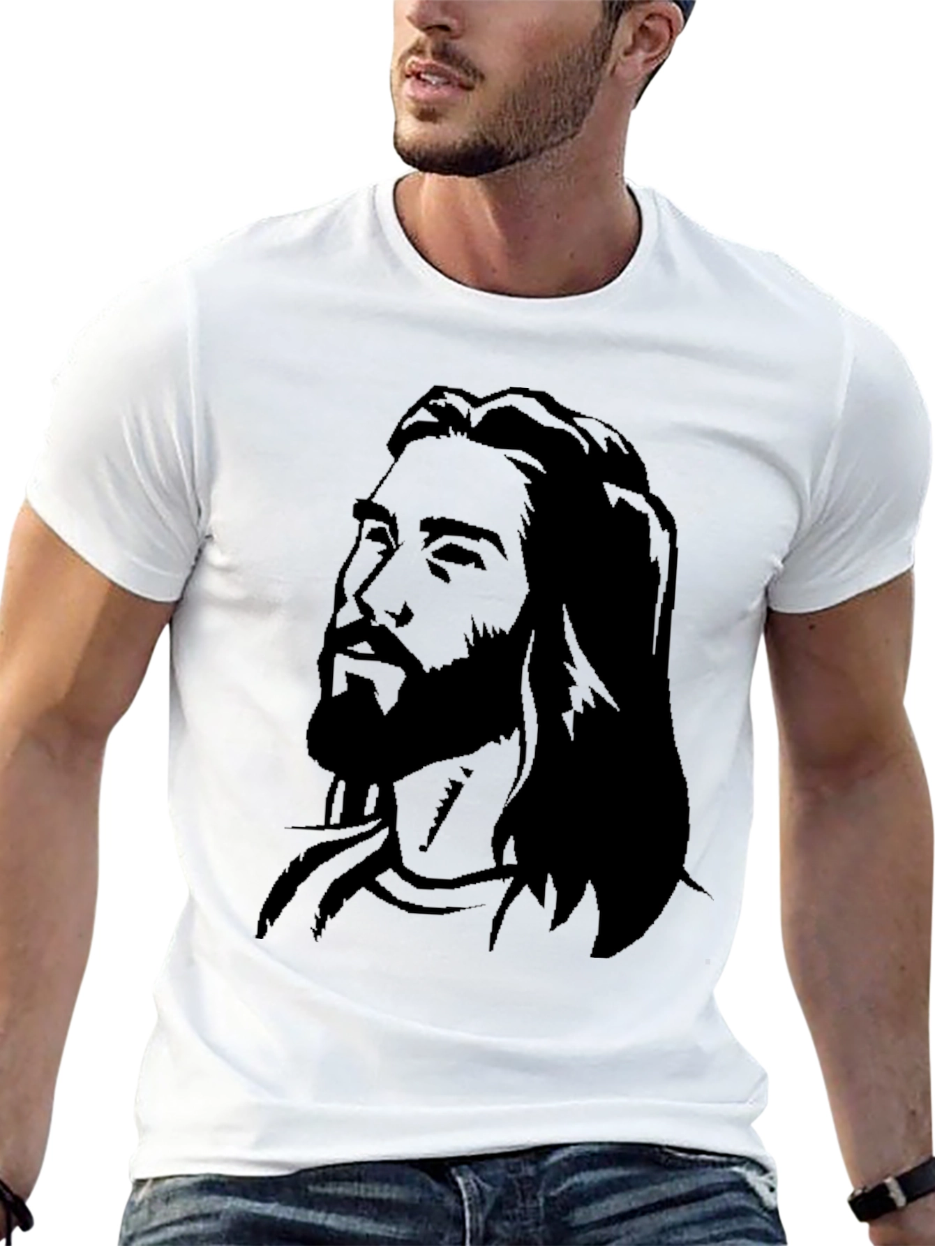 Mens Graphic Black T-Shirt with Jesus Portrait