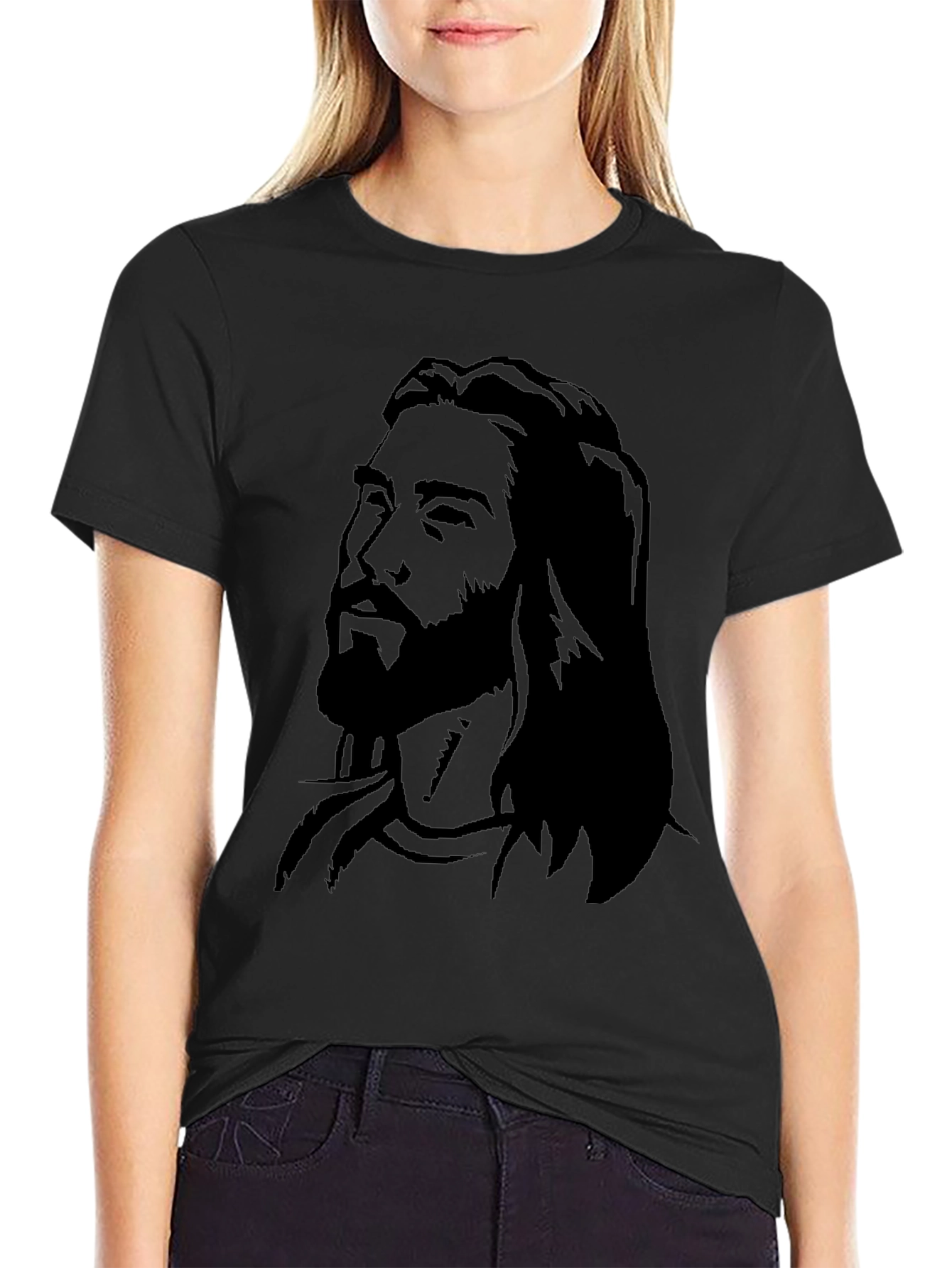 Mens Graphic Black T-Shirt with Jesus Portrait