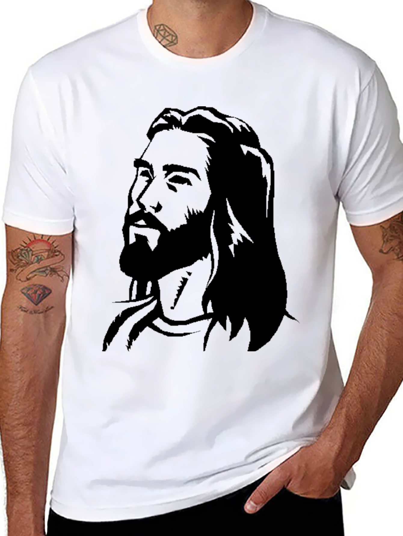 Mens Graphic Black T-Shirt with Jesus Portrait