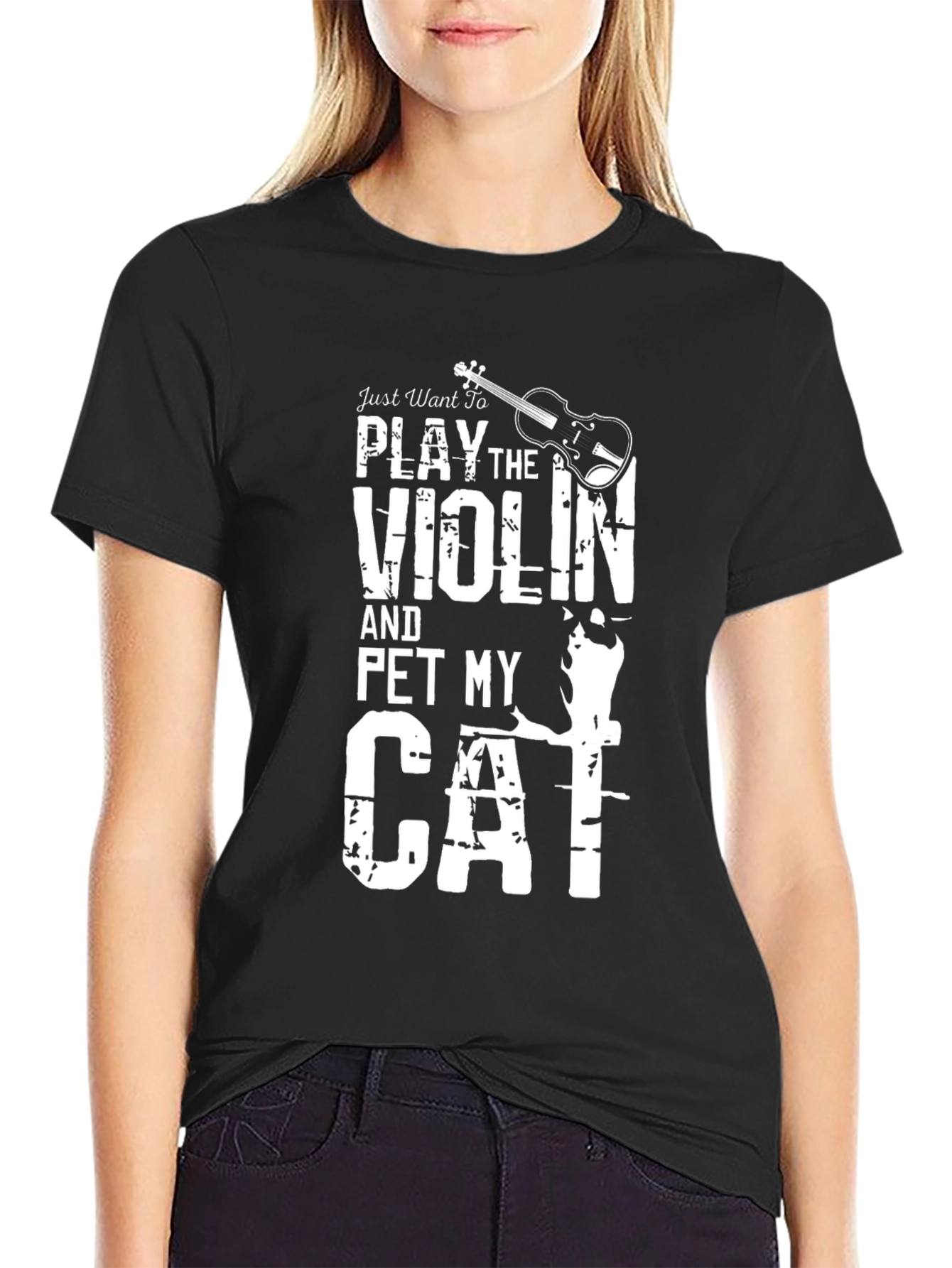 Violin & Cat Lover T-Shirt - Black