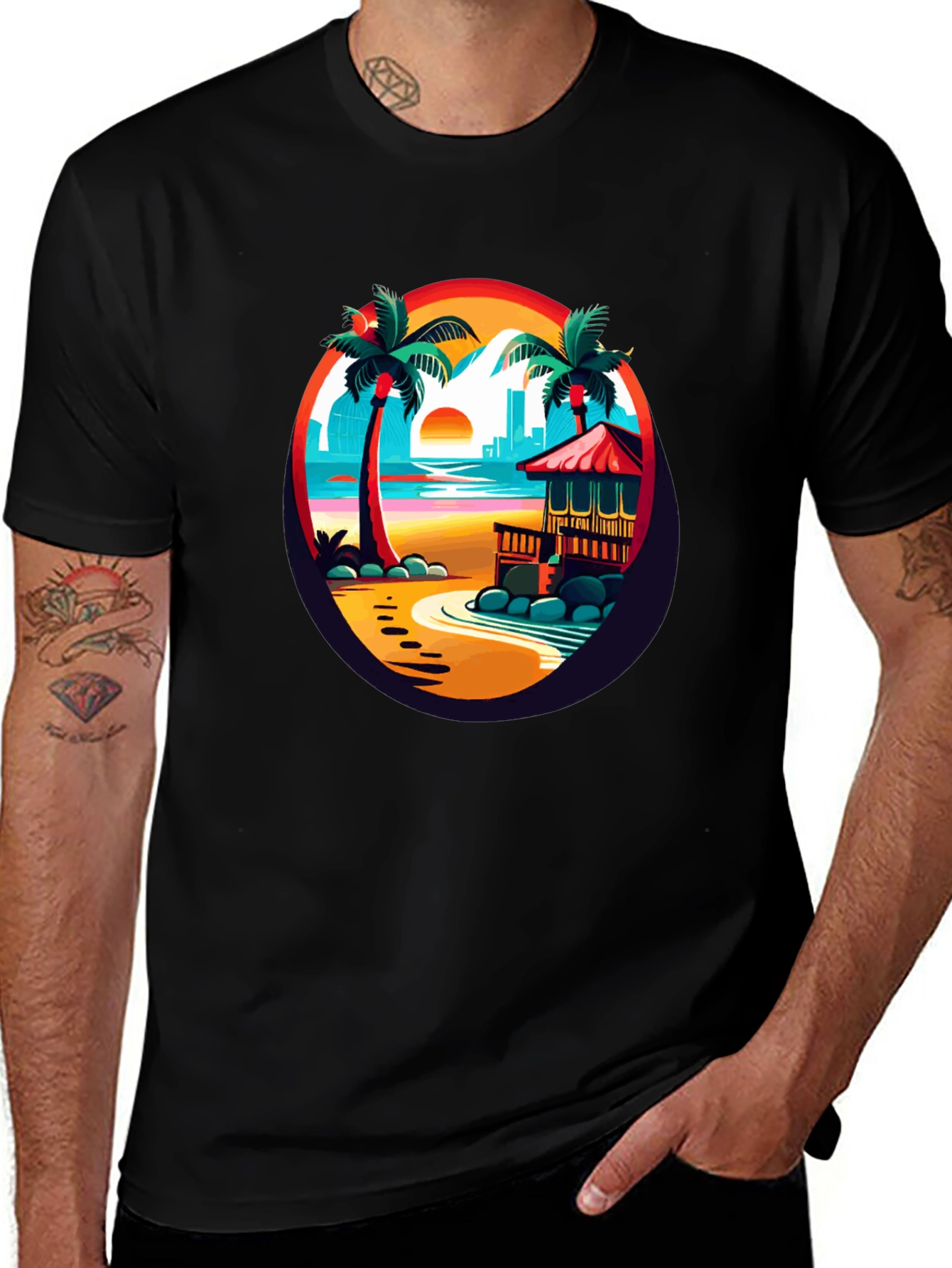 Tropical Beach T-Shirt Sunset Palm Tree Design