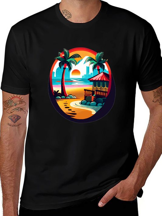Tropical Beach T-Shirt Sunset Palm Tree Design
