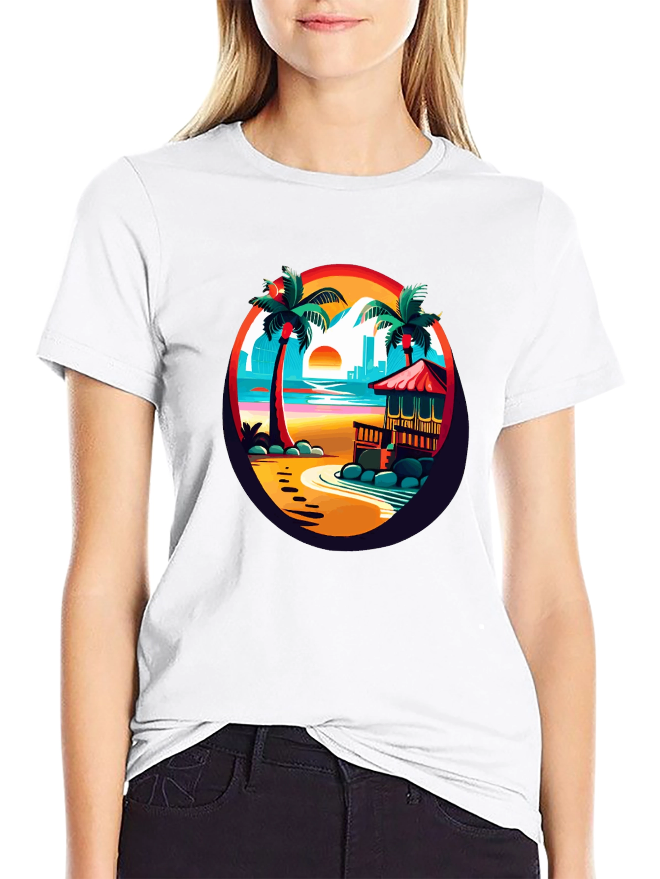 Tropical Beach T-Shirt Sunset Palm Tree Design