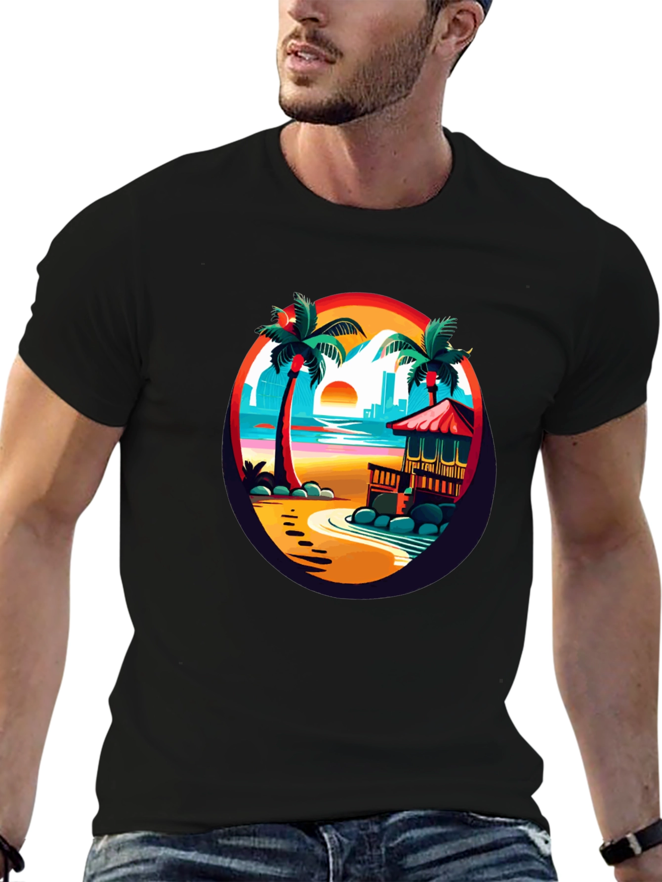 Tropical Beach T-Shirt Sunset Palm Tree Design