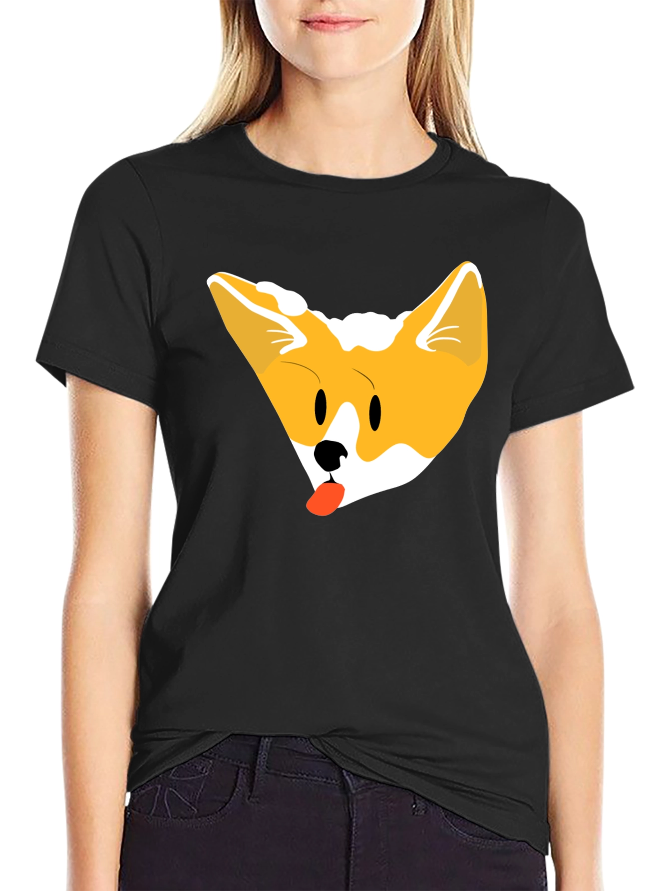 Cute Corgi Face Black T-Shirt