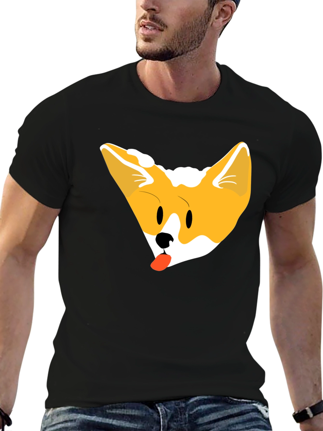 Cute Corgi Face Black T-Shirt