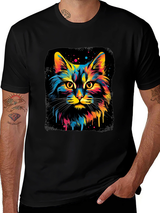 Colorful Cat Graphic Black T-Shirt
