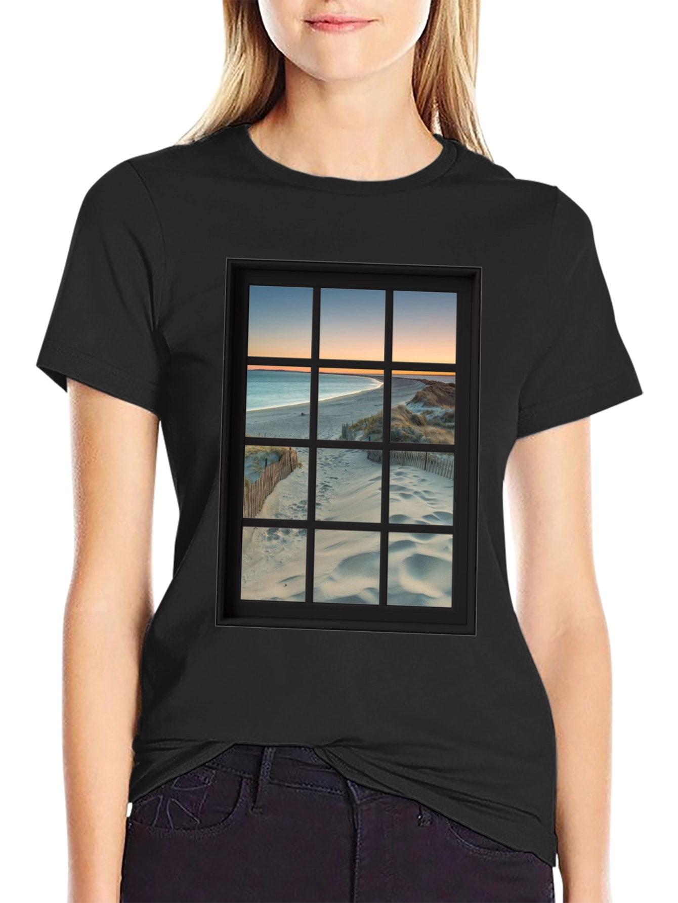 Beach View Window Graphic T-Shirt - Coastal Comfort
