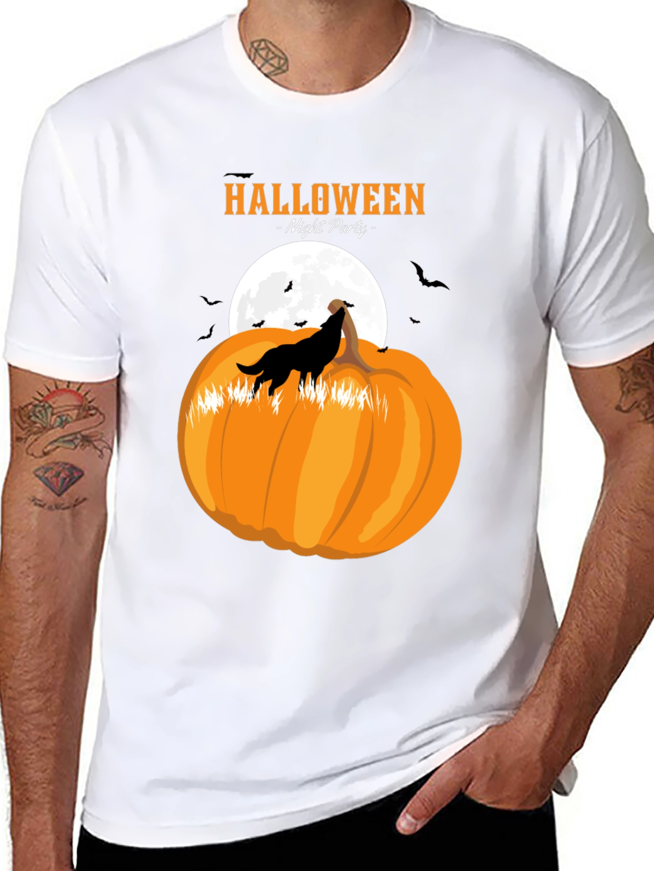 Halloween Night Party Wolf Pumpkin Black T-Shirt