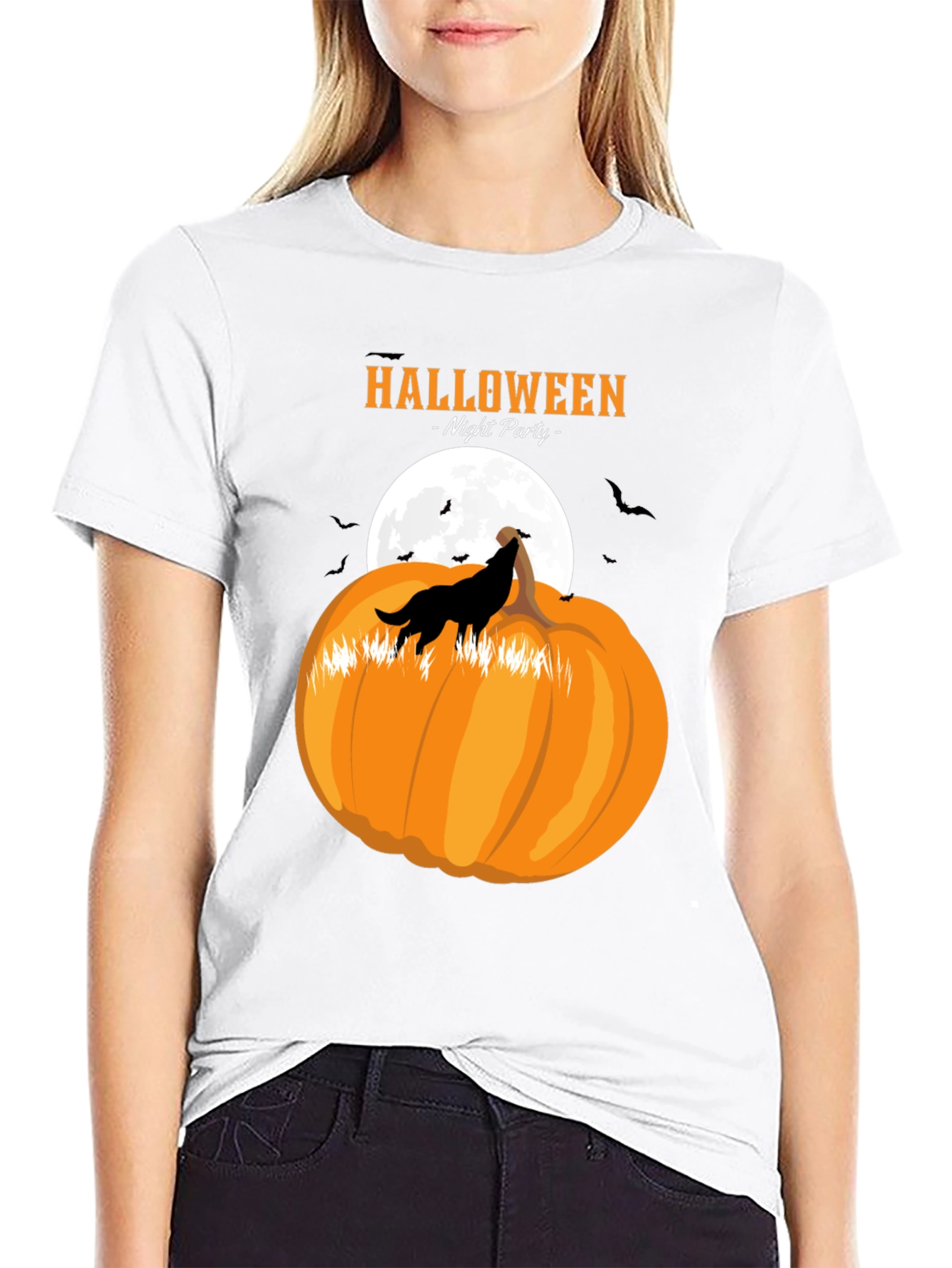 Halloween Night Party Wolf Pumpkin Black T-Shirt