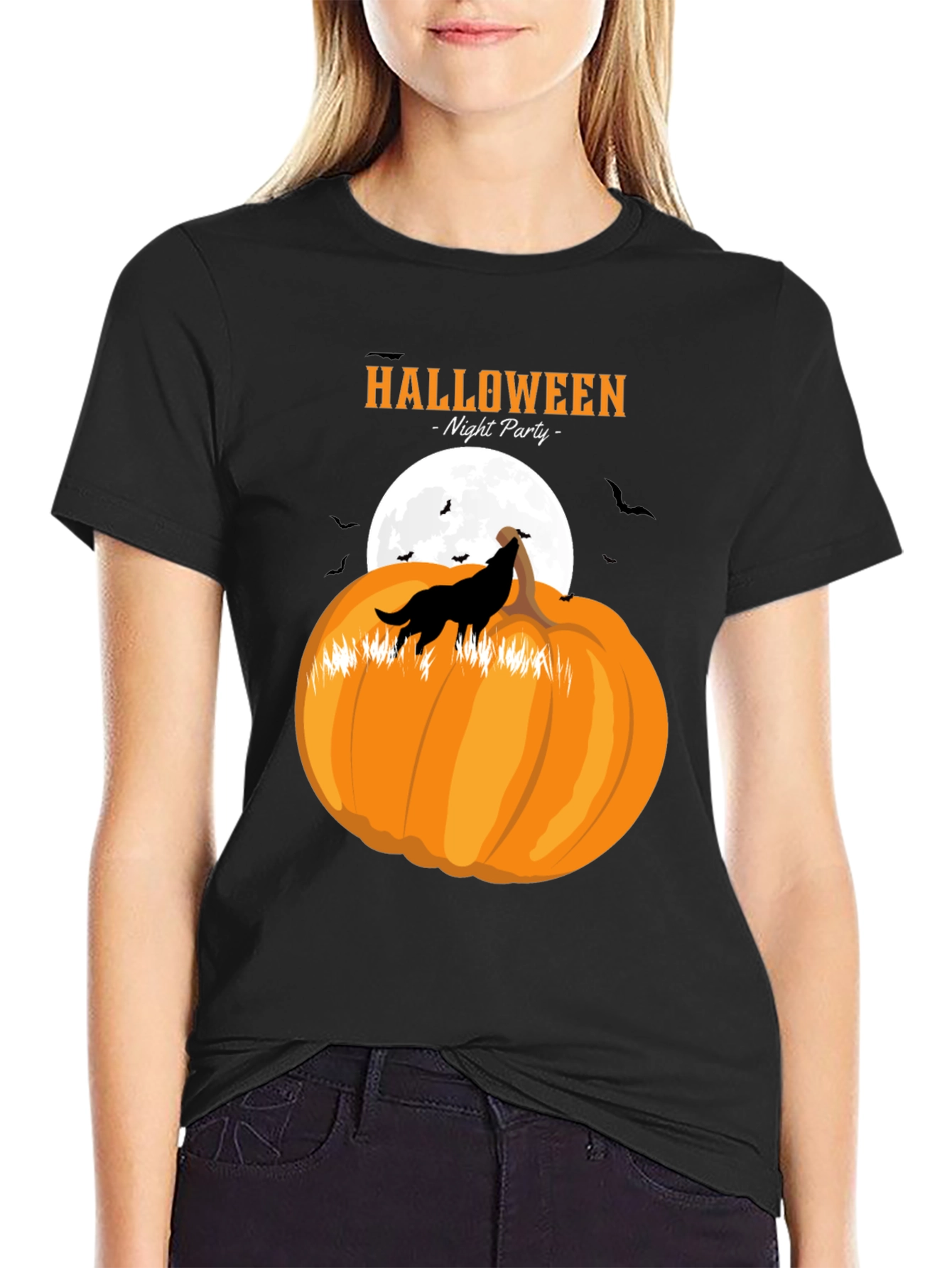 Halloween Night Party Wolf Pumpkin Black T-Shirt