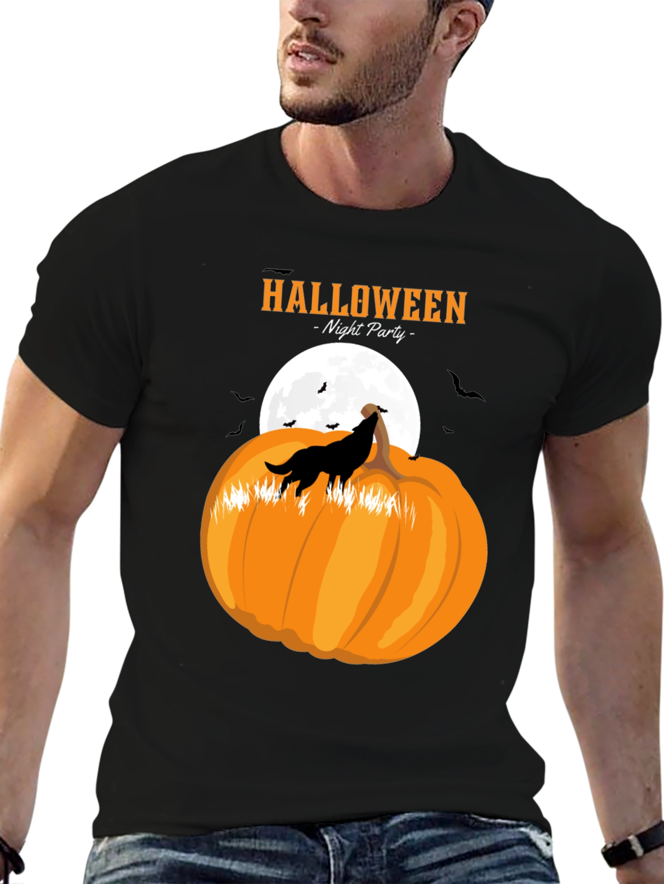 Halloween Night Party Wolf Pumpkin Black T-Shirt