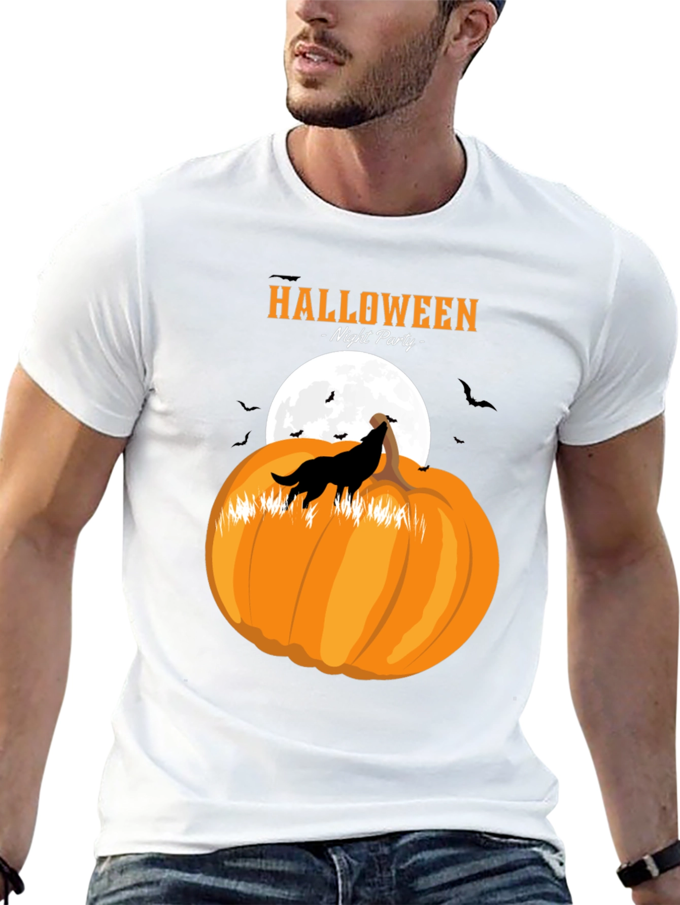 Halloween Night Party Wolf Pumpkin Black T-Shirt