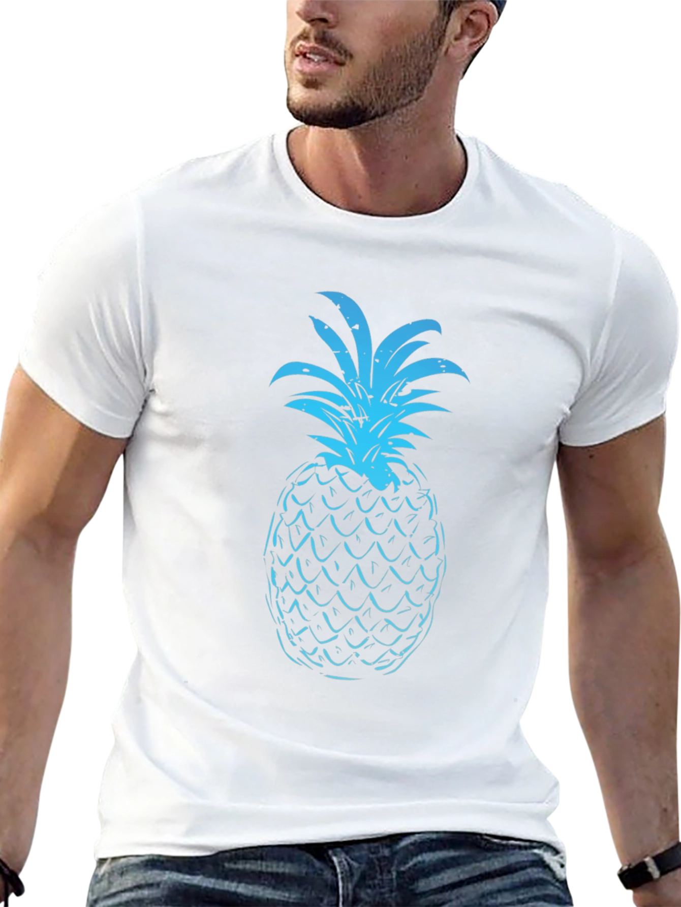 Blue Pineapple Graphic Print Black T-Shirt