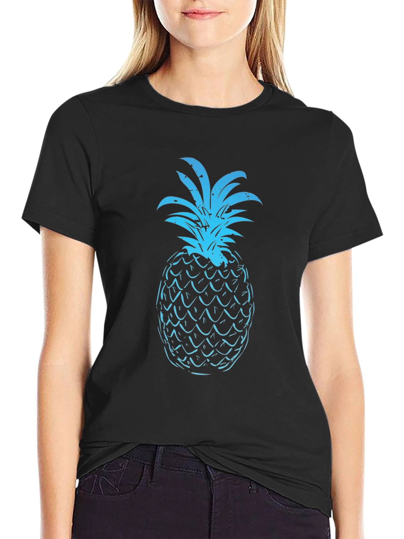 Blue Pineapple Graphic Print Black T-Shirt