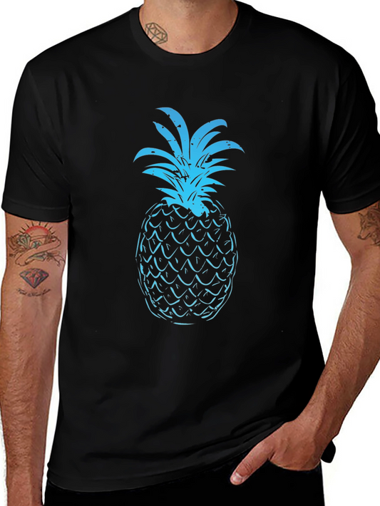Blue Pineapple Graphic Print Black T-Shirt