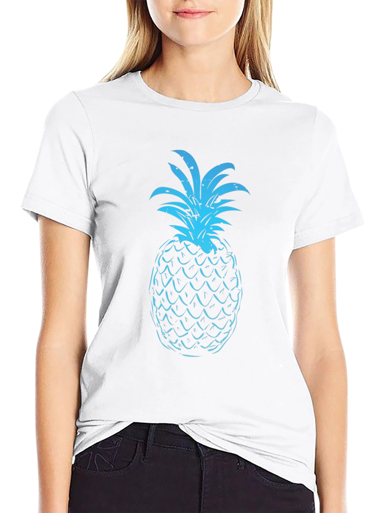 Blue Pineapple Graphic Print Black T-Shirt