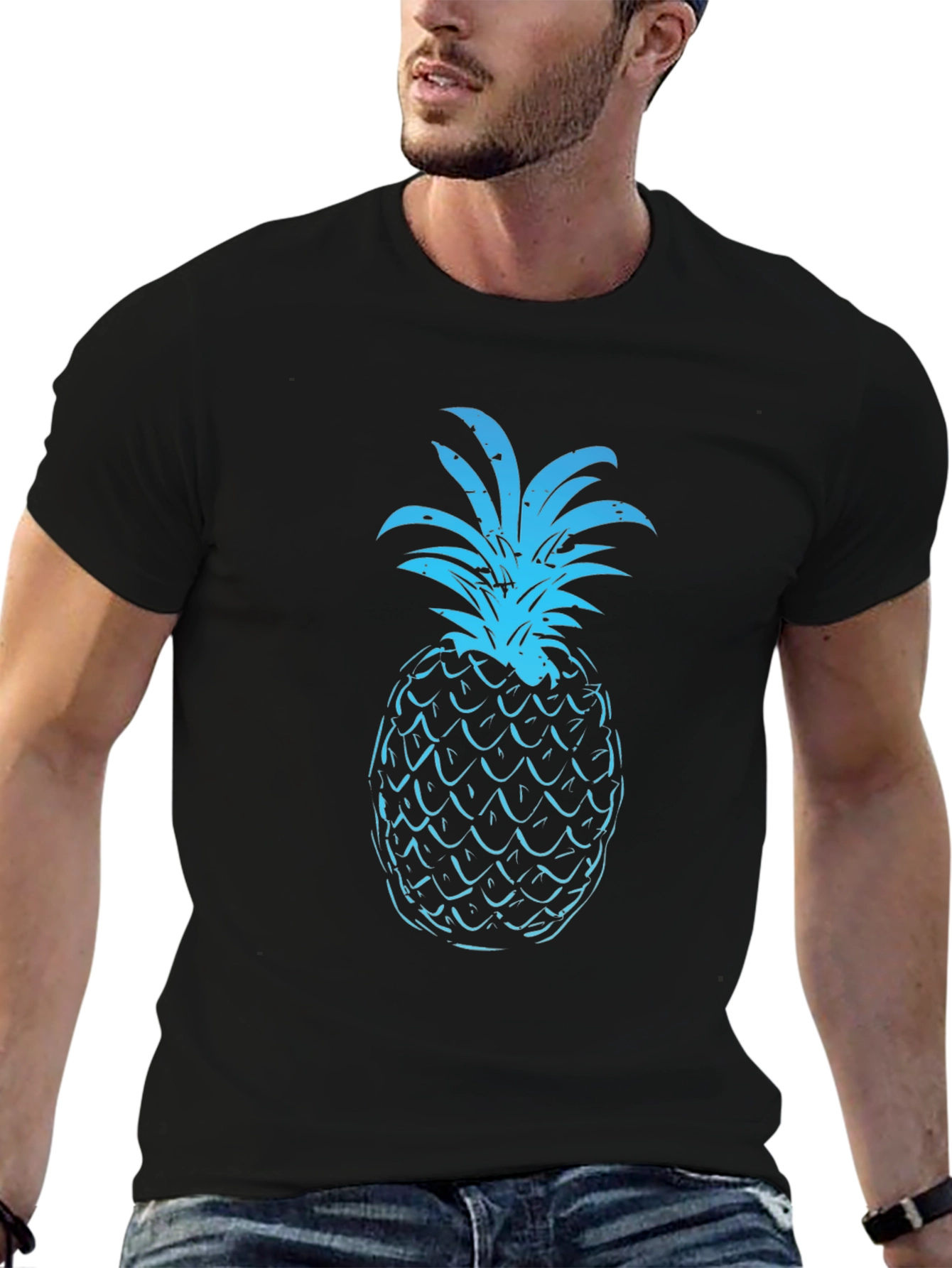 Blue Pineapple Graphic Print Black T-Shirt