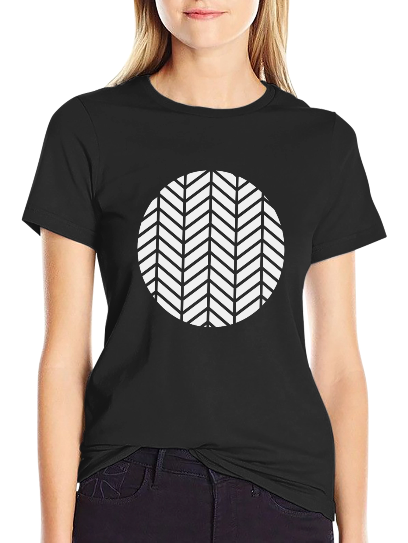 Black Tee with Geometric Chevron Circle